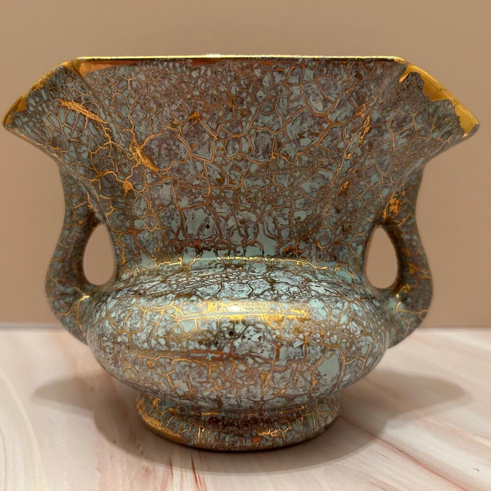 Vintage Gold Crackle Glaze Art Pottery Vase